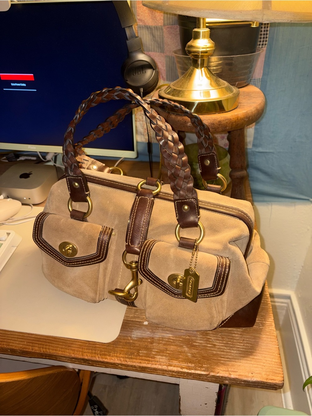 Coach Beige Suede Satchel with Brown Leather Trim
